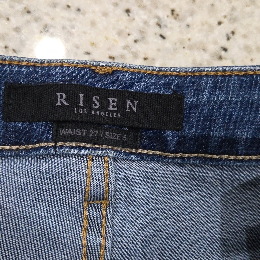 Risen High Rise Flare Distressed Raw Hem Jeans, Size 27/5 - Picture 6 of 8